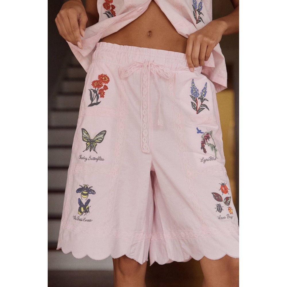 NWT Anthropologie Lyrebird Embroidered Bermuda Bloomer Shorts Pink XXS Butterfly